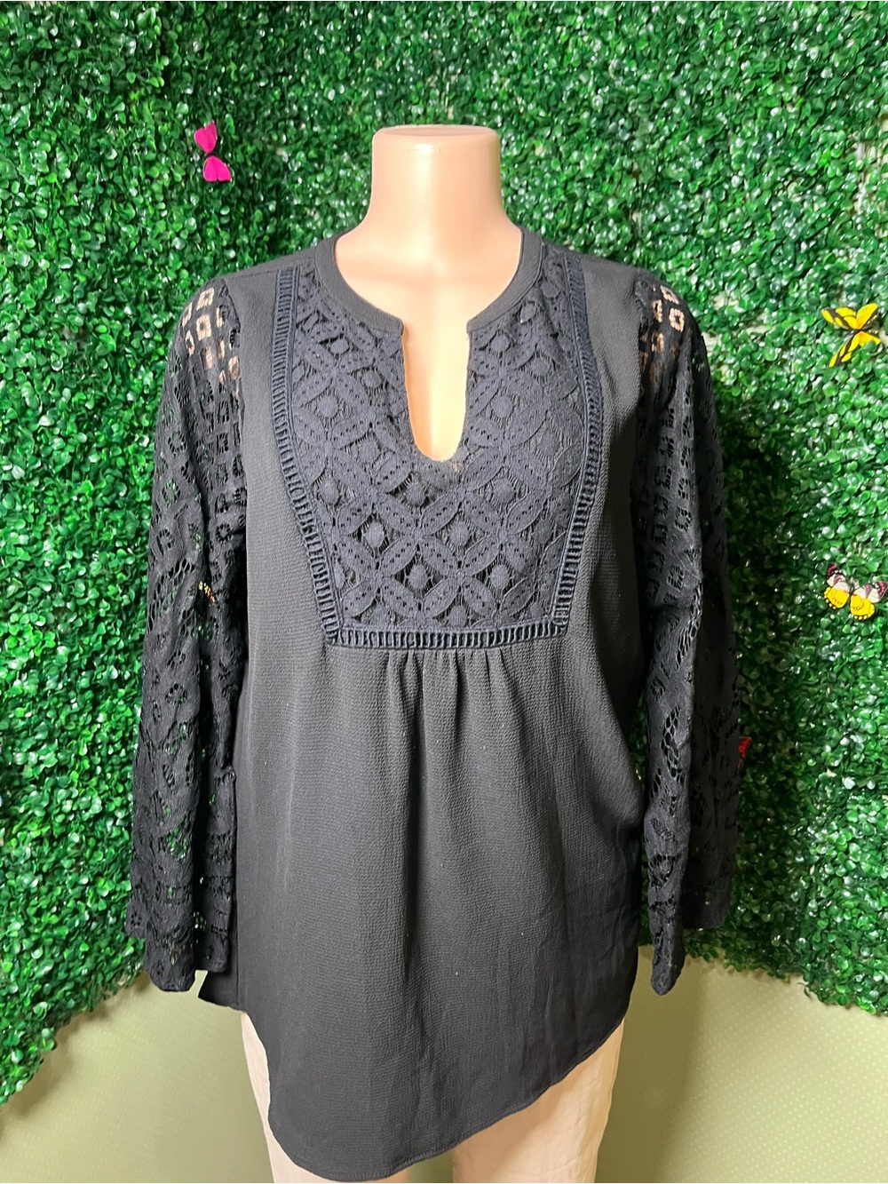 Women's Black Crochet-Yoke Blouse with Lace Sleeves